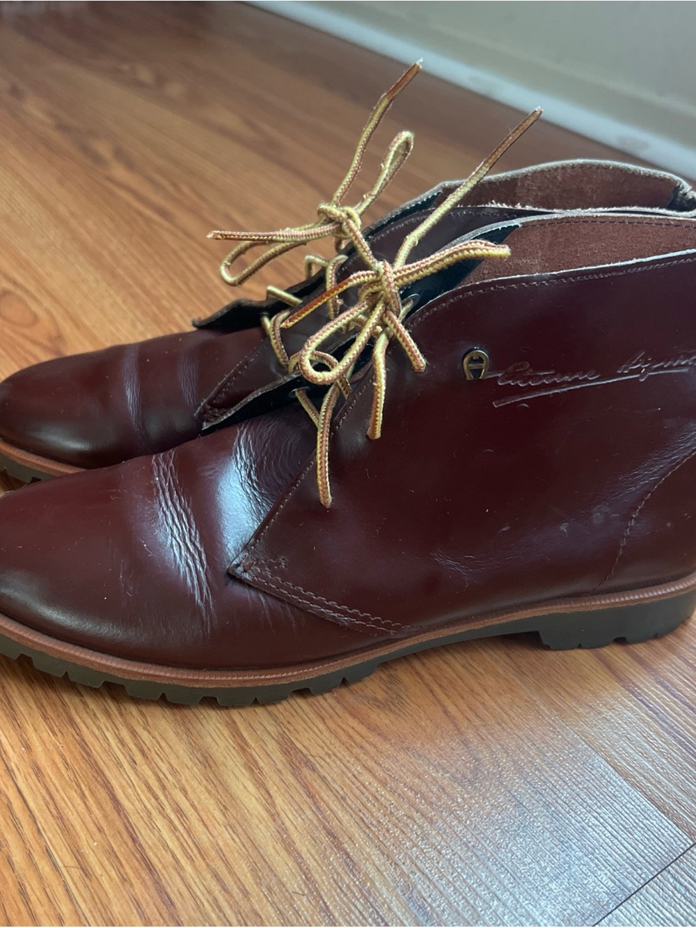 Etienne Aigner Burgundy Leather Ankle Booties with Tan Laces